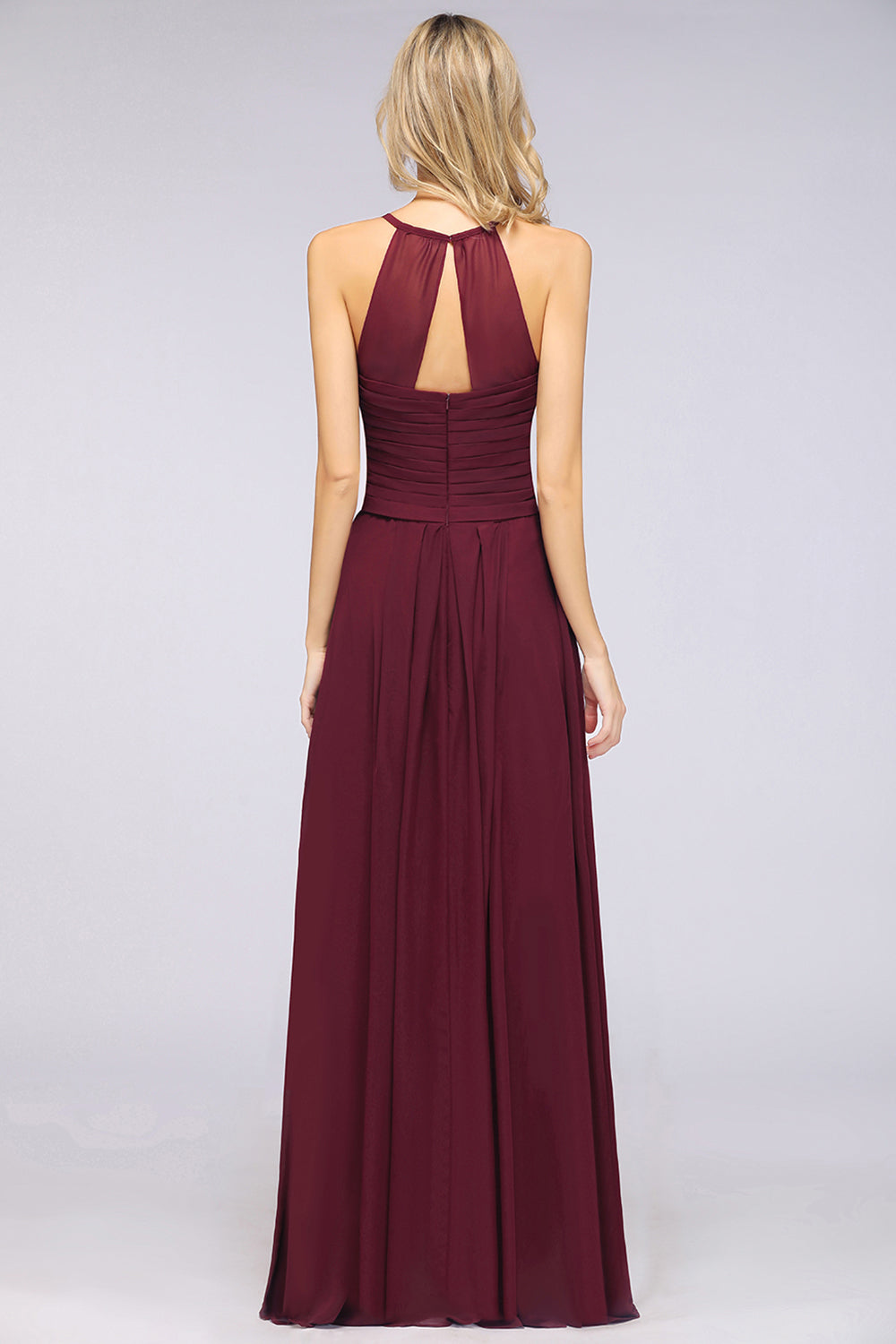 Affordable Spaghetti Straps V-Neck Burgundy Chiffon Bridesmaid Dress with Keyhole Back-Babyonlines