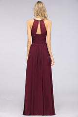 Affordable Spaghetti Straps V-Neck Burgundy Chiffon Bridesmaid Dress with Keyhole Back-Babyonlines