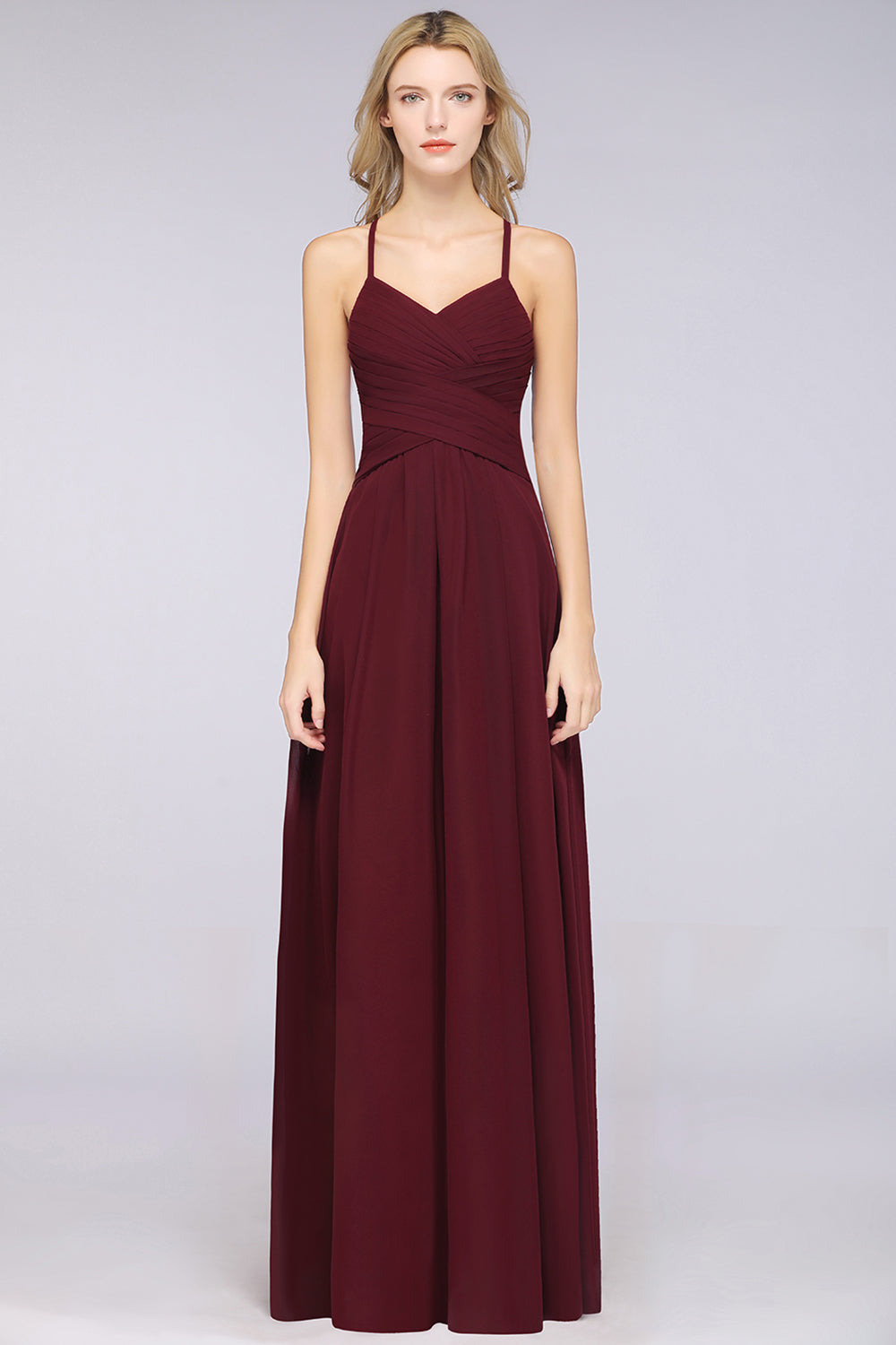 Affordable Spaghetti Straps V-Neck Burgundy Chiffon Bridesmaid Dress with Keyhole Back-Babyonlines