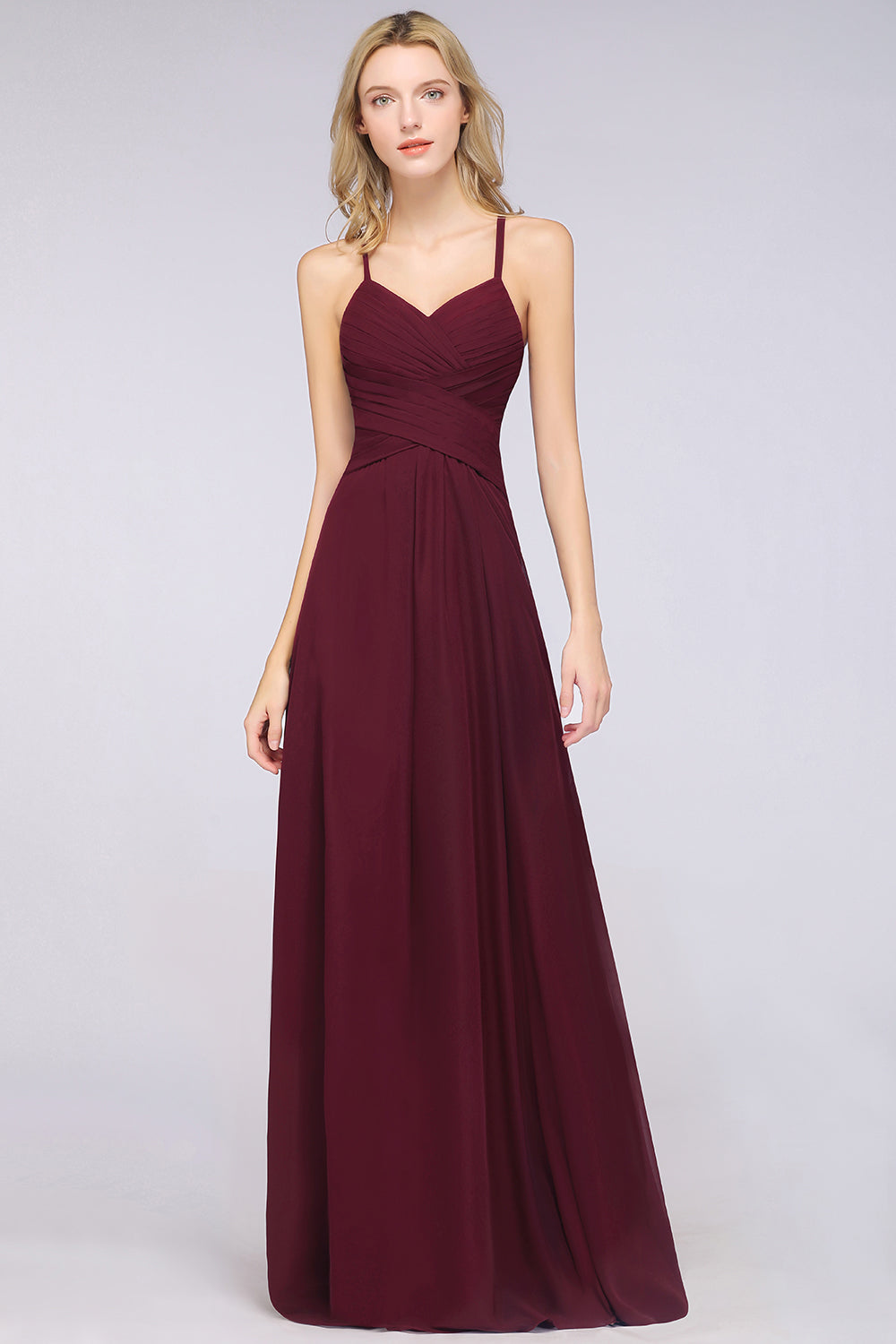 Affordable Spaghetti Straps V-Neck Burgundy Chiffon Bridesmaid Dress with Keyhole Back-Babyonlines