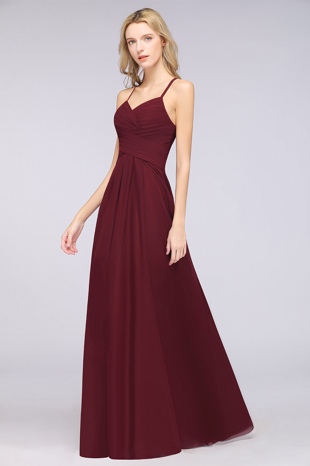 Affordable Spaghetti Straps V-Neck Burgundy Chiffon Bridesmaid Dress with Keyhole Back-Babyonlines