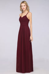 Affordable Spaghetti Straps V-Neck Burgundy Chiffon Bridesmaid Dress with Keyhole Back-Babyonlines