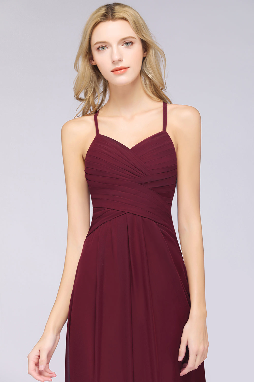 Affordable Spaghetti Straps V-Neck Burgundy Chiffon Bridesmaid Dress with Keyhole Back-Babyonlines