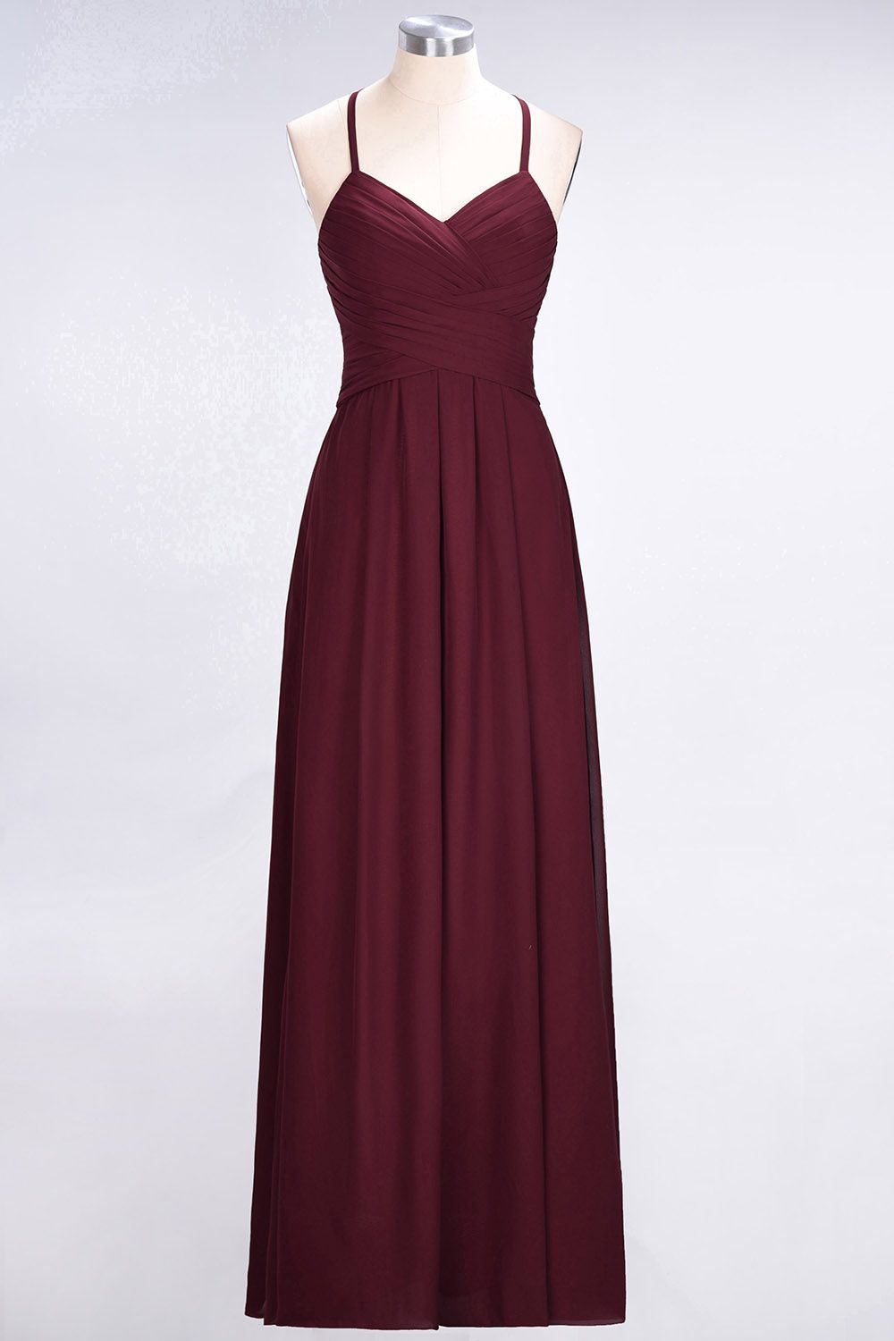 Affordable Spaghetti Straps V-Neck Burgundy Chiffon Bridesmaid Dress with Keyhole Back-Babyonlines