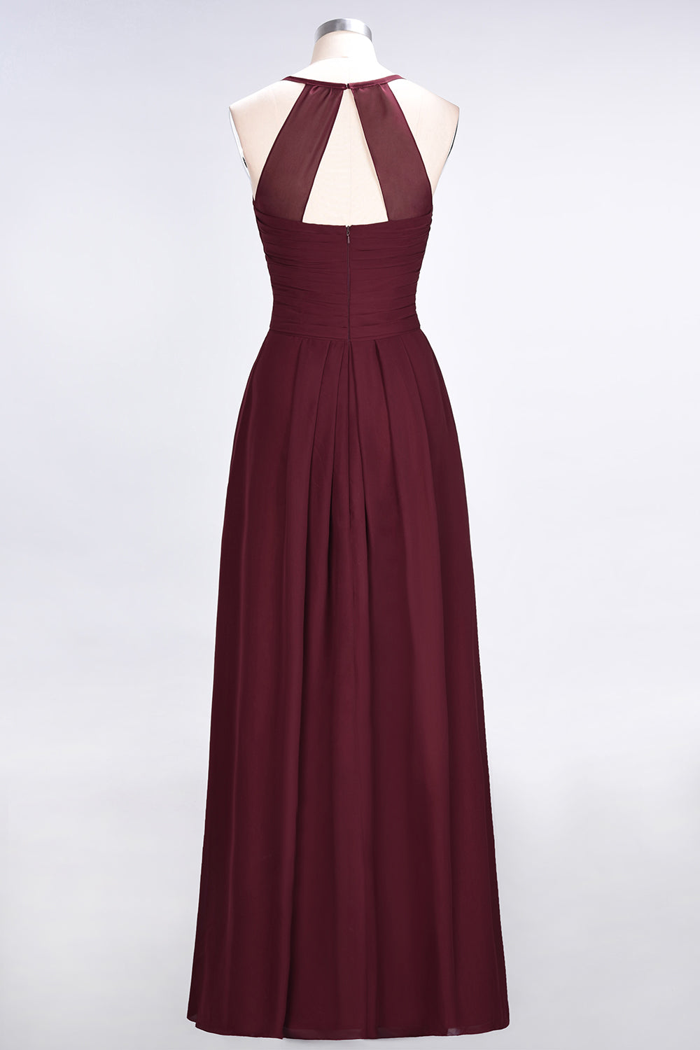 Affordable Spaghetti Straps V-Neck Burgundy Chiffon Bridesmaid Dress with Keyhole Back-Babyonlines