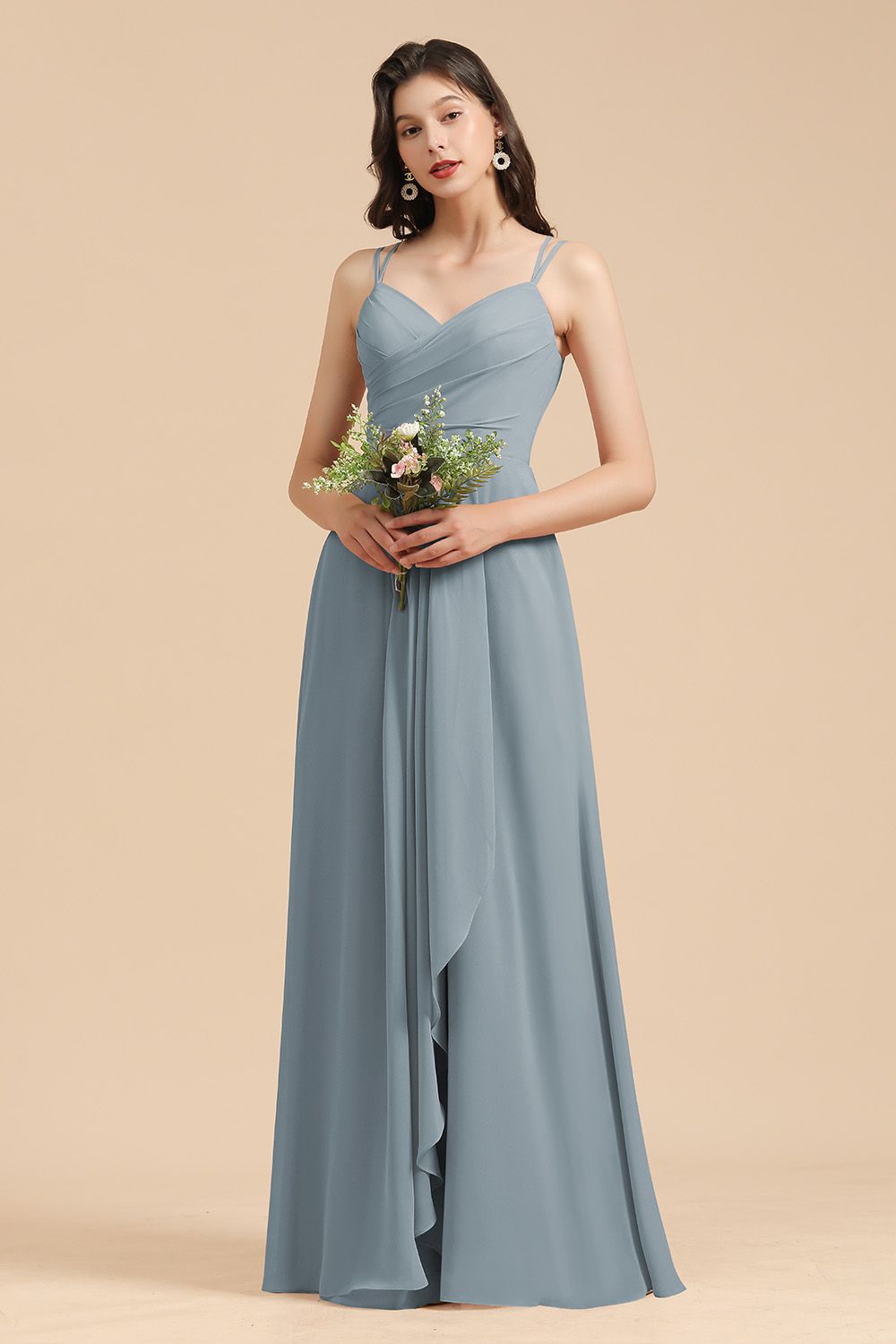 Affordable V-Neck Ruffle Dusty Blue Chiffon Bridesmaid Dresses-Babyonlines