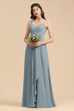 Affordable V-Neck Ruffle Dusty Blue Chiffon Bridesmaid Dresses-Babyonlines