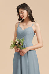 Affordable V-Neck Ruffle Dusty Blue Chiffon Bridesmaid Dresses-Babyonlines