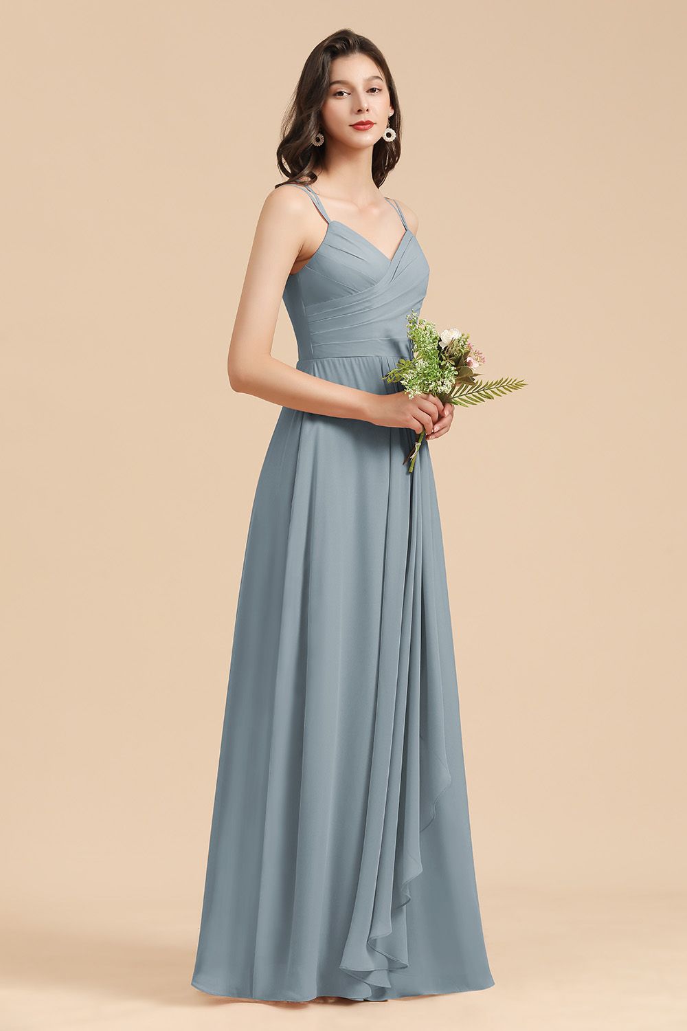 Affordable V-Neck Ruffle Dusty Blue Chiffon Bridesmaid Dresses-Babyonlines