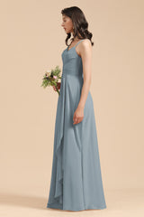 Affordable V-Neck Ruffle Dusty Blue Chiffon Bridesmaid Dresses-Babyonlines