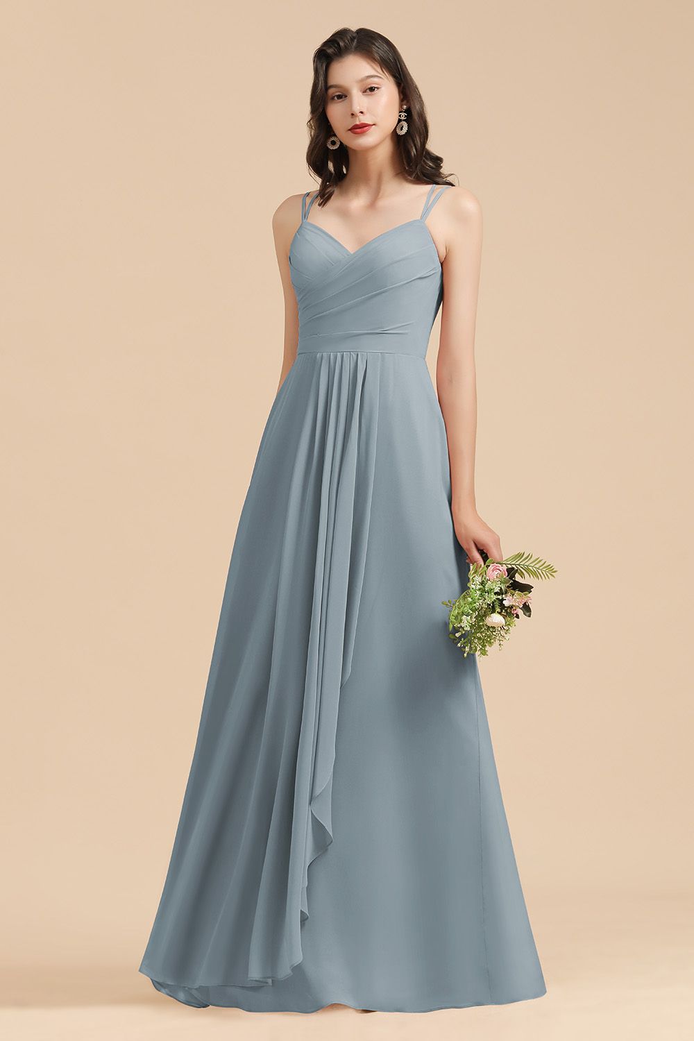 Affordable V-Neck Ruffle Dusty Blue Chiffon Bridesmaid Dresses-Babyonlines