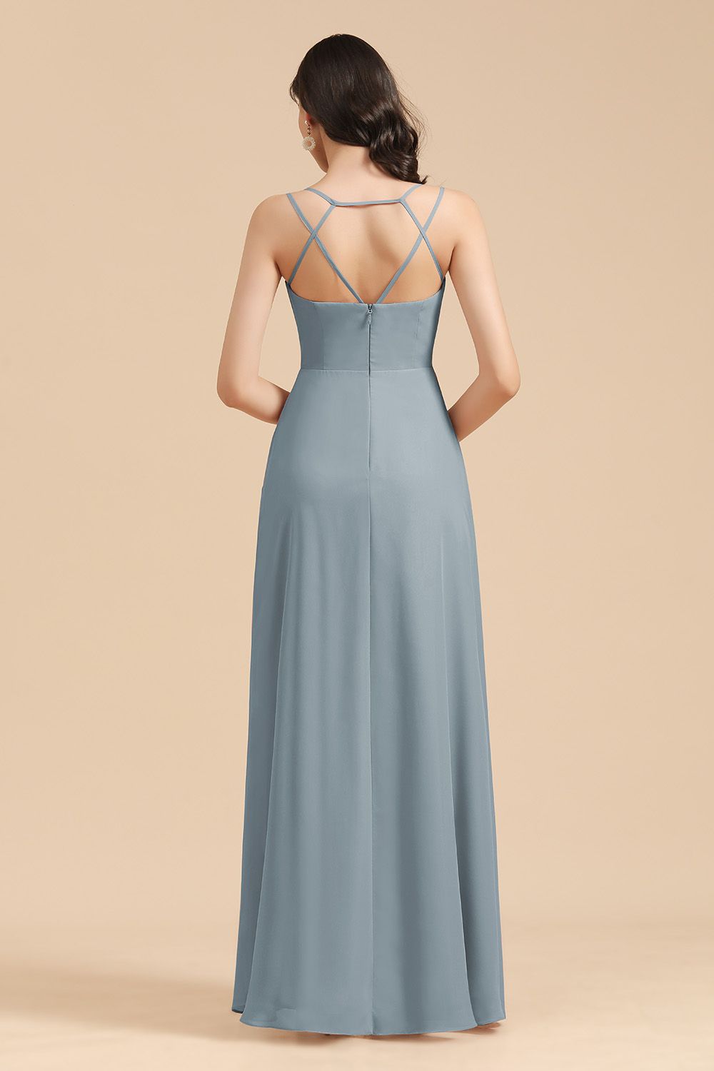 Affordable V-Neck Ruffle Dusty Blue Chiffon Bridesmaid Dresses-Babyonlines