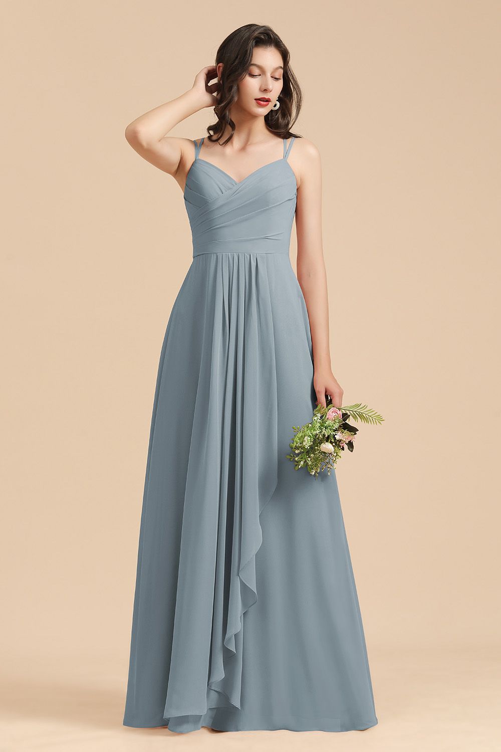 Affordable V-Neck Ruffle Dusty Blue Chiffon Bridesmaid Dresses-Babyonlines