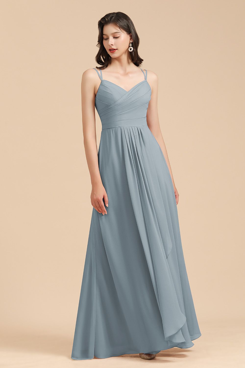 Affordable V-Neck Ruffle Dusty Blue Chiffon Bridesmaid Dresses-Babyonlines