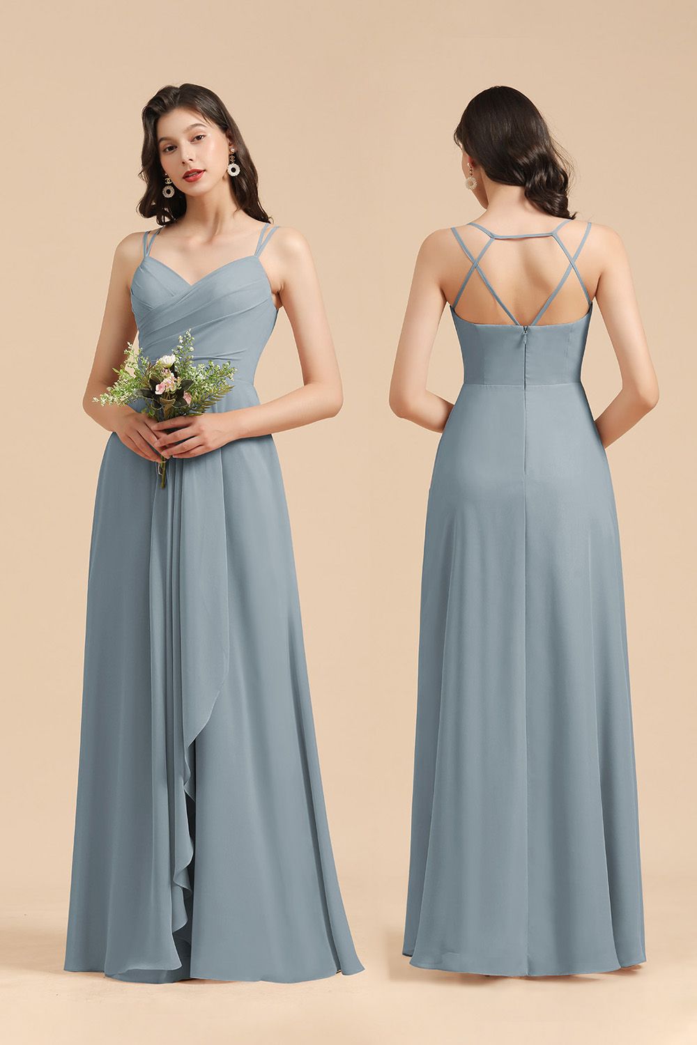 Affordable V-Neck Ruffle Dusty Blue Chiffon Bridesmaid Dresses-Babyonlines