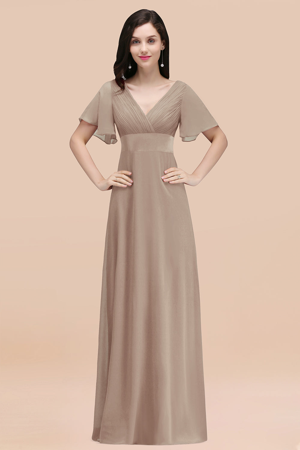 Affordable V-Neck Ruffle Long Burgundy Bridesmaid Dress With Short-Sleeves-Babyonlines