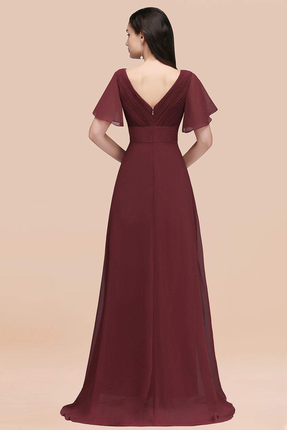 Affordable V-Neck Ruffle Long Burgundy Bridesmaid Dress With Short-Sleeves-Babyonlines