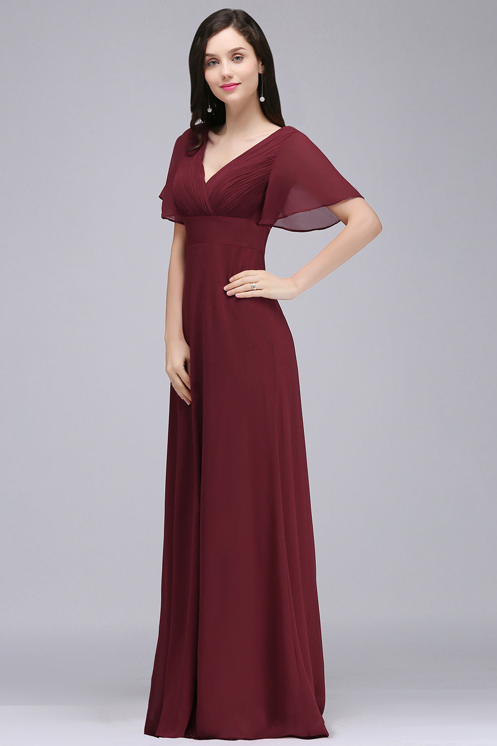 Affordable V-Neck Ruffle Long Burgundy Bridesmaid Dress With Short-Sleeves-Babyonlines