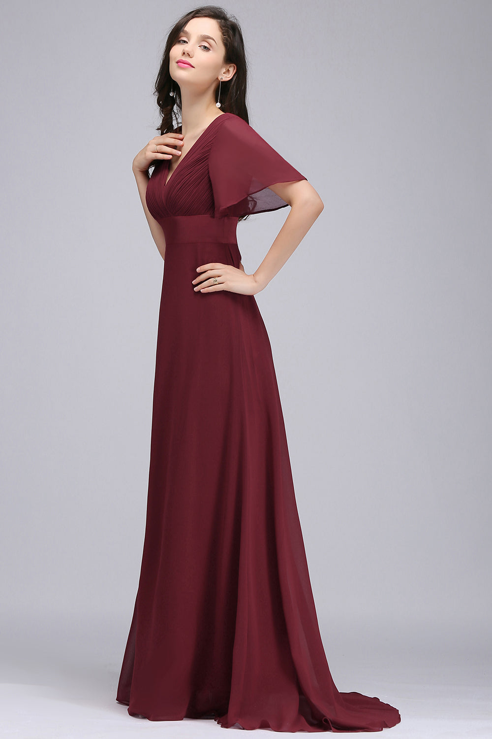 Affordable V-Neck Ruffle Long Burgundy Bridesmaid Dress With Short-Sleeves-Babyonlines