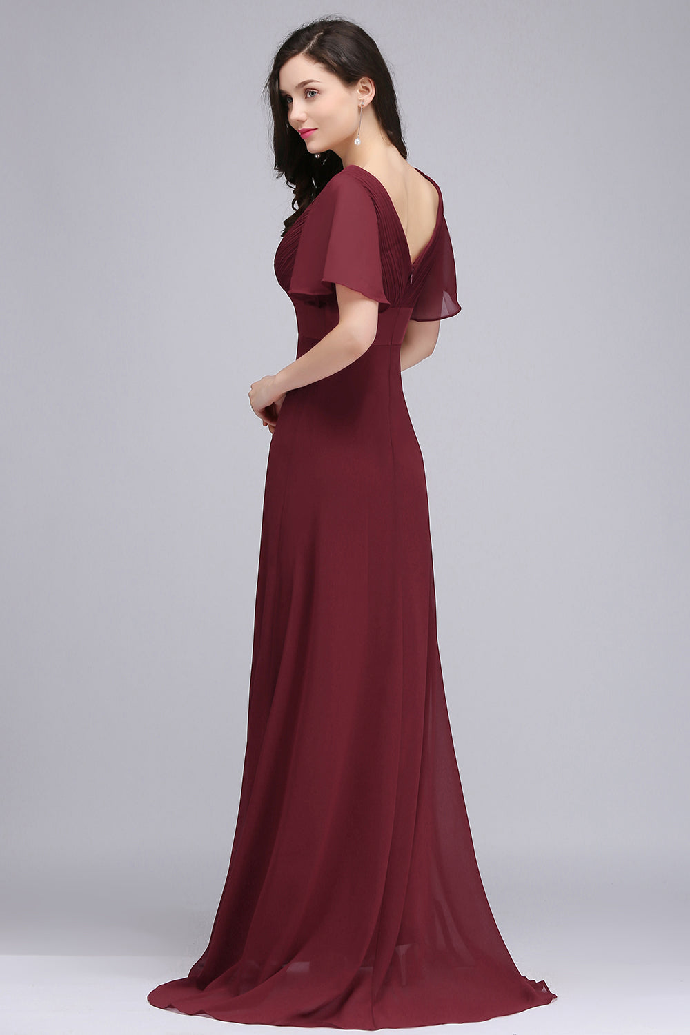 Affordable V-Neck Ruffle Long Burgundy Bridesmaid Dress With Short-Sleeves-Babyonlines