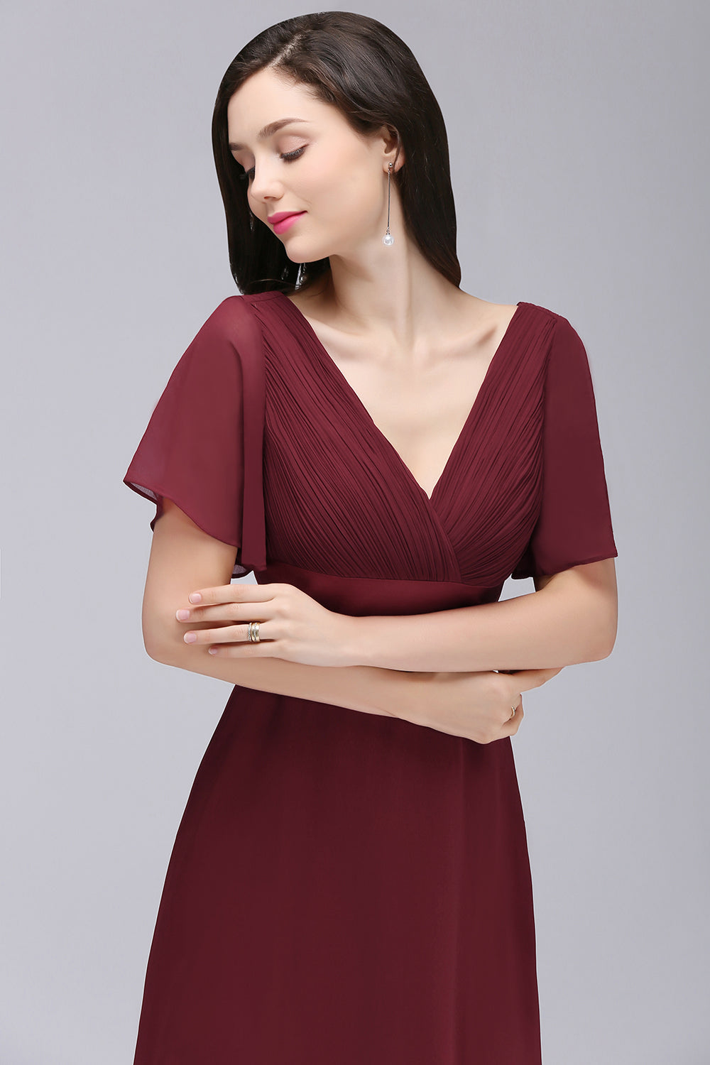 Affordable V-Neck Ruffle Long Burgundy Bridesmaid Dress With Short-Sleeves-Babyonlines