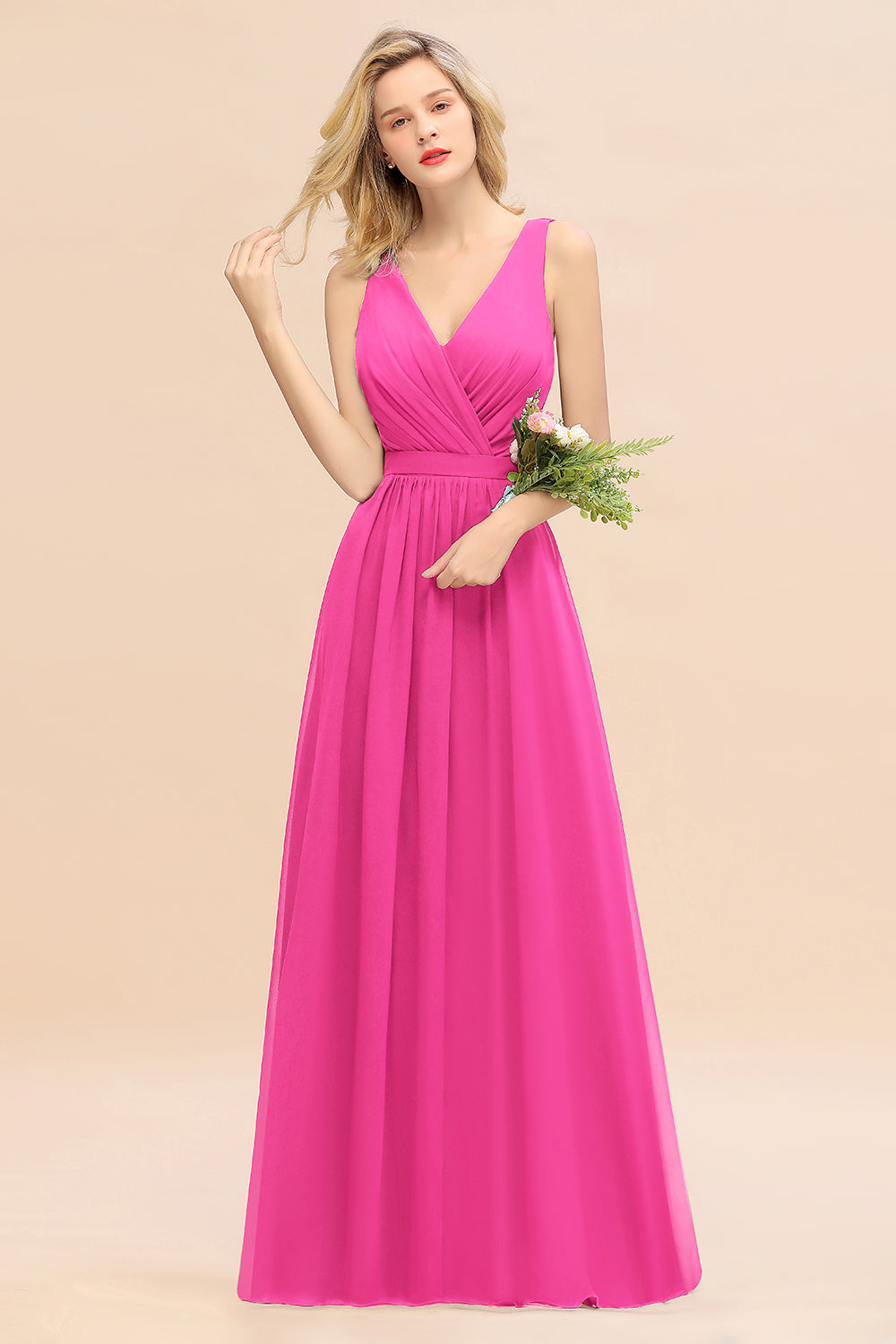 Affordable V-Neck Ruffle Long Grape Chiffon Bridesmaid Dress with Bow-Babyonlines