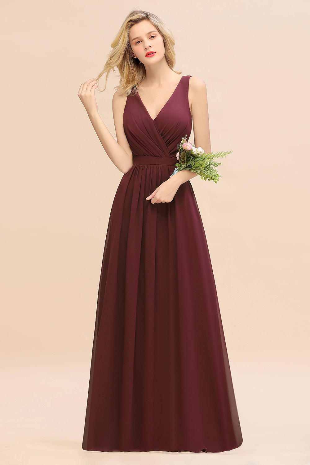 Affordable V-Neck Ruffle Long Grape Chiffon Bridesmaid Dress with Bow-Babyonlines