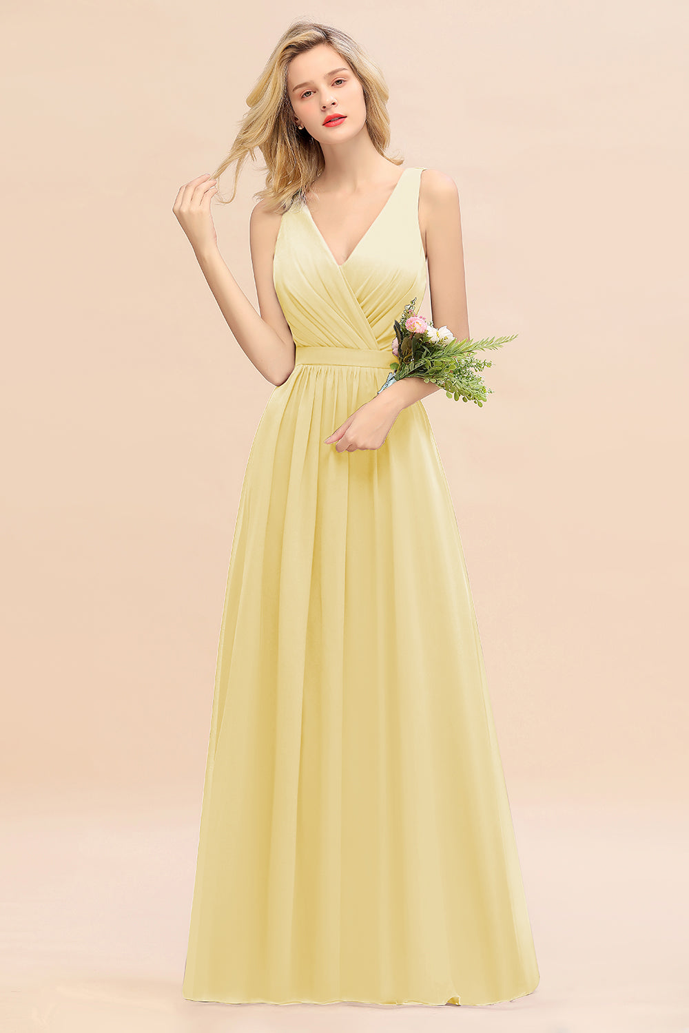 Affordable V-Neck Ruffle Long Grape Chiffon Bridesmaid Dress with Bow-Babyonlines