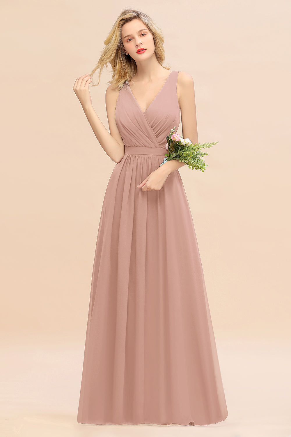 Affordable V-Neck Ruffle Long Grape Chiffon Bridesmaid Dress with Bow-Babyonlines