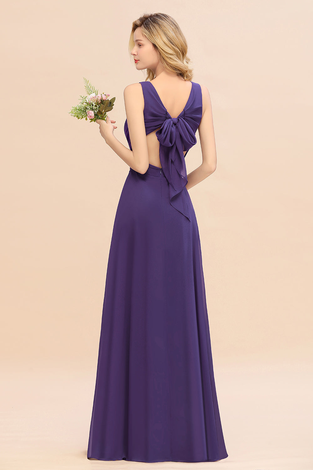 Affordable V-Neck Ruffle Long Grape Chiffon Bridesmaid Dress with Bow-Babyonlines