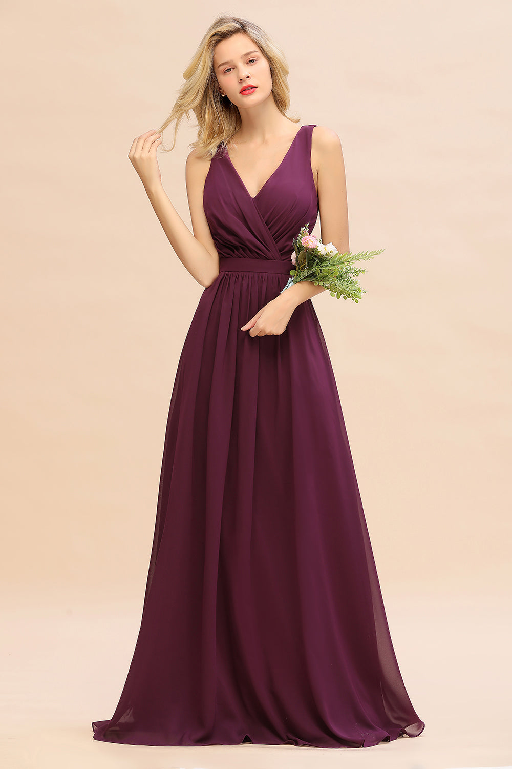 Affordable V-Neck Ruffle Long Grape Chiffon Bridesmaid Dress with Bow-Babyonlines