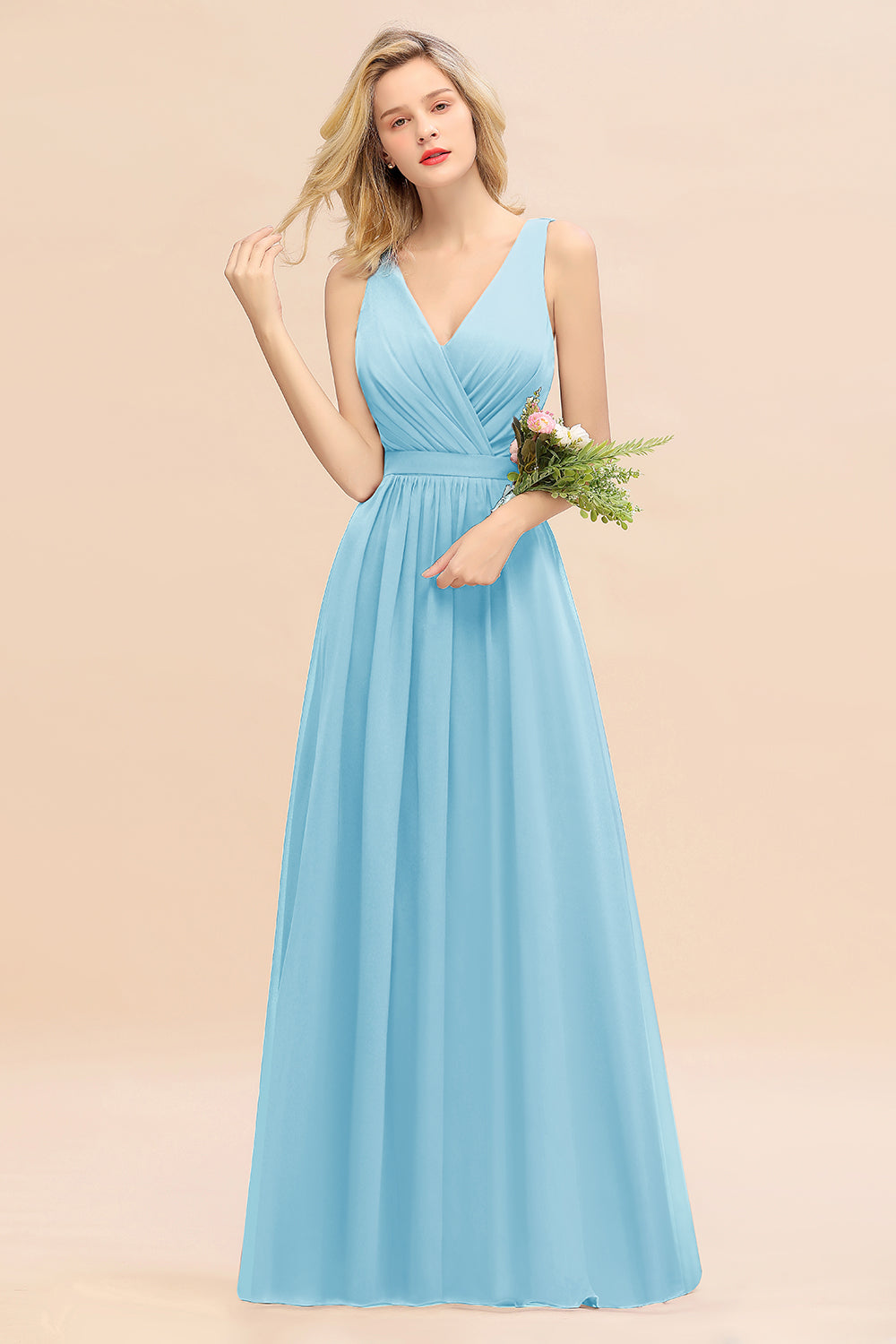 Affordable V-Neck Ruffle Long Grape Chiffon Bridesmaid Dress with Bow-Babyonlines