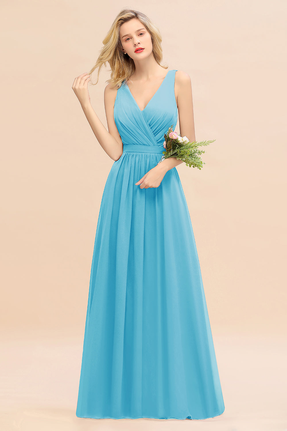 Affordable V-Neck Ruffle Long Grape Chiffon Bridesmaid Dress with Bow-Babyonlines