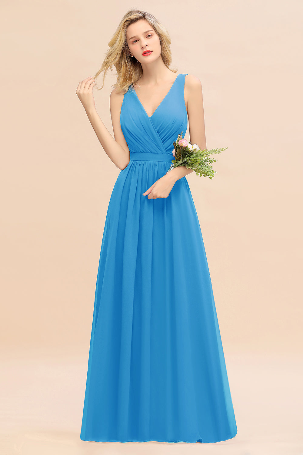 Affordable V-Neck Ruffle Long Grape Chiffon Bridesmaid Dress with Bow-Babyonlines