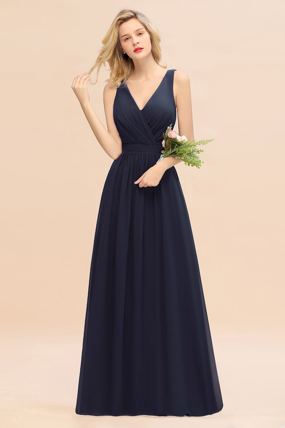 Affordable V-Neck Ruffle Long Grape Chiffon Bridesmaid Dress with Bow-Babyonlines