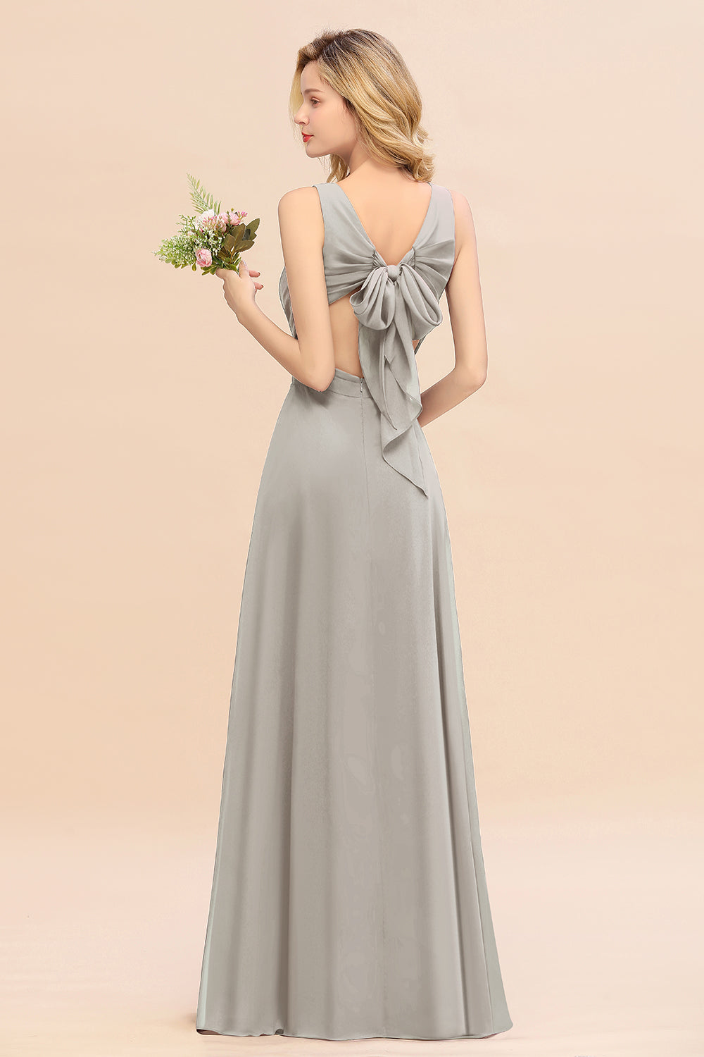 Affordable V-Neck Ruffle Long Grape Chiffon Bridesmaid Dress with Bow-Babyonlines