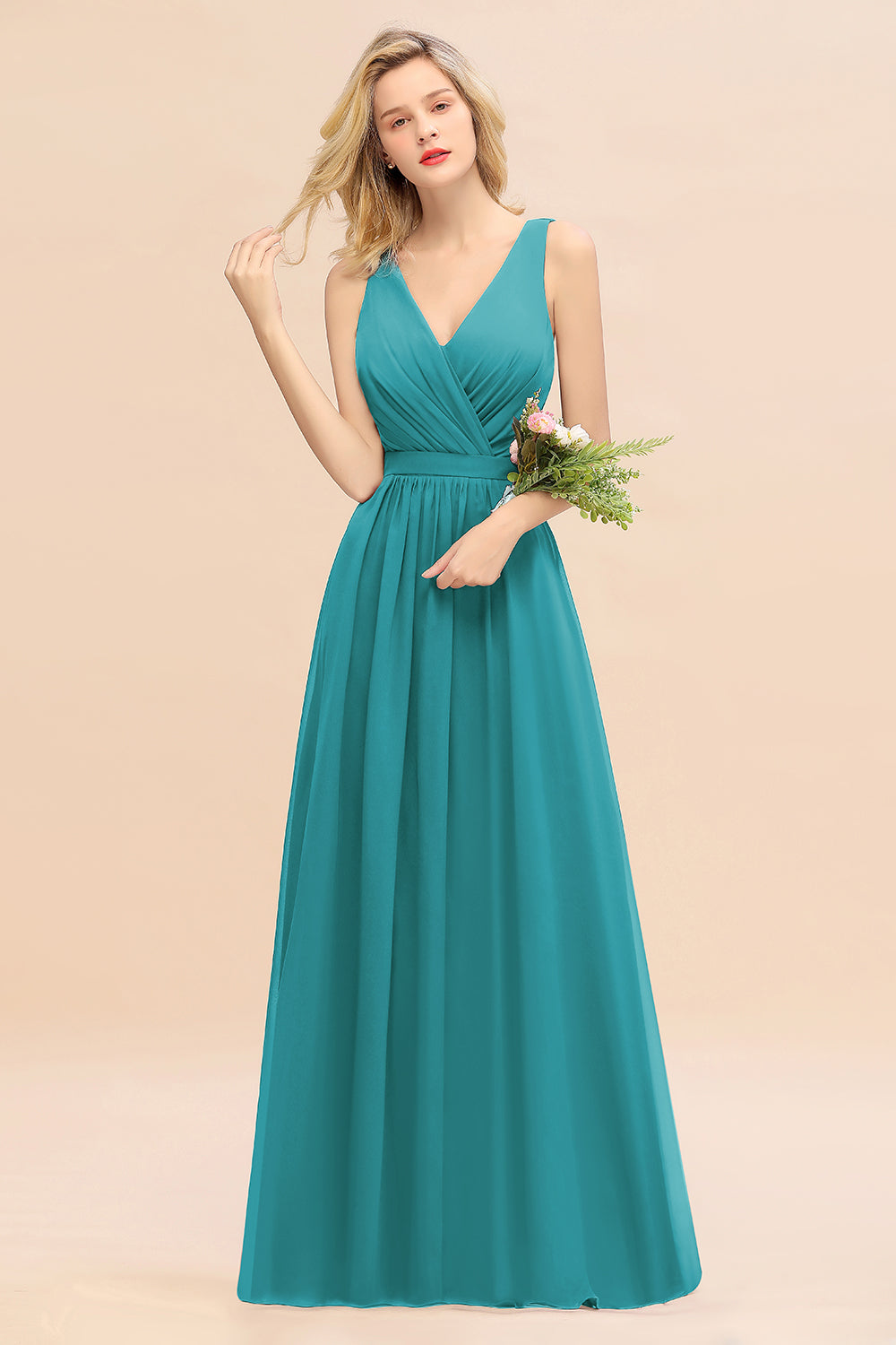 Affordable V-Neck Ruffle Long Grape Chiffon Bridesmaid Dress with Bow-Babyonlines