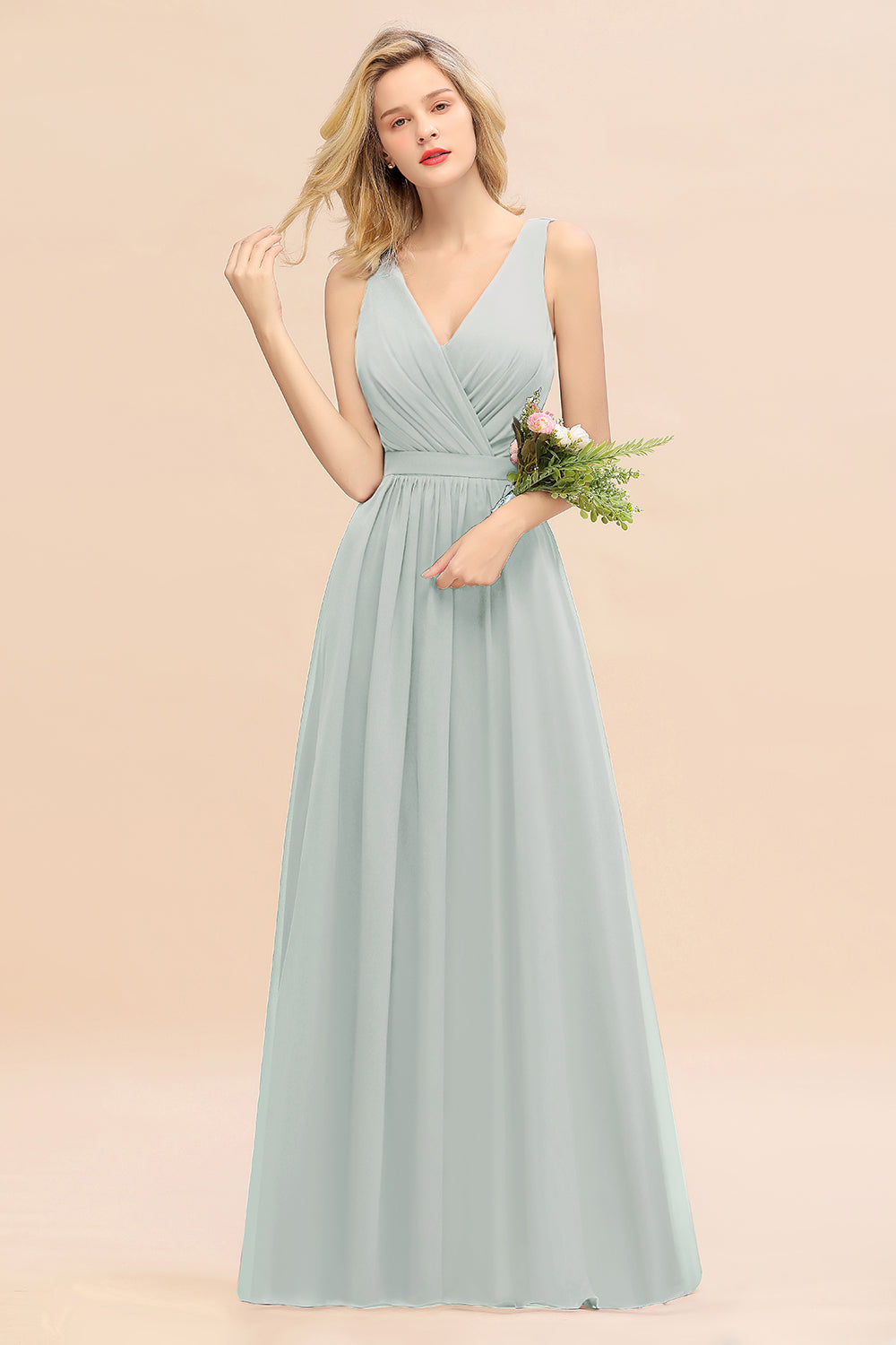 Affordable V-Neck Ruffle Long Grape Chiffon Bridesmaid Dress with Bow-Babyonlines