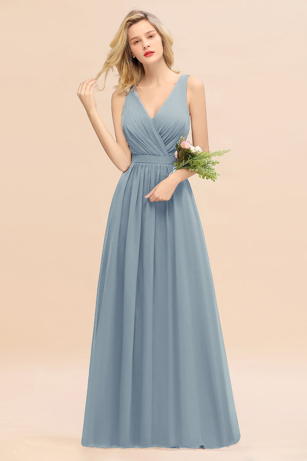 Affordable V-Neck Ruffle Long Grape Chiffon Bridesmaid Dress with Bow-Babyonlines