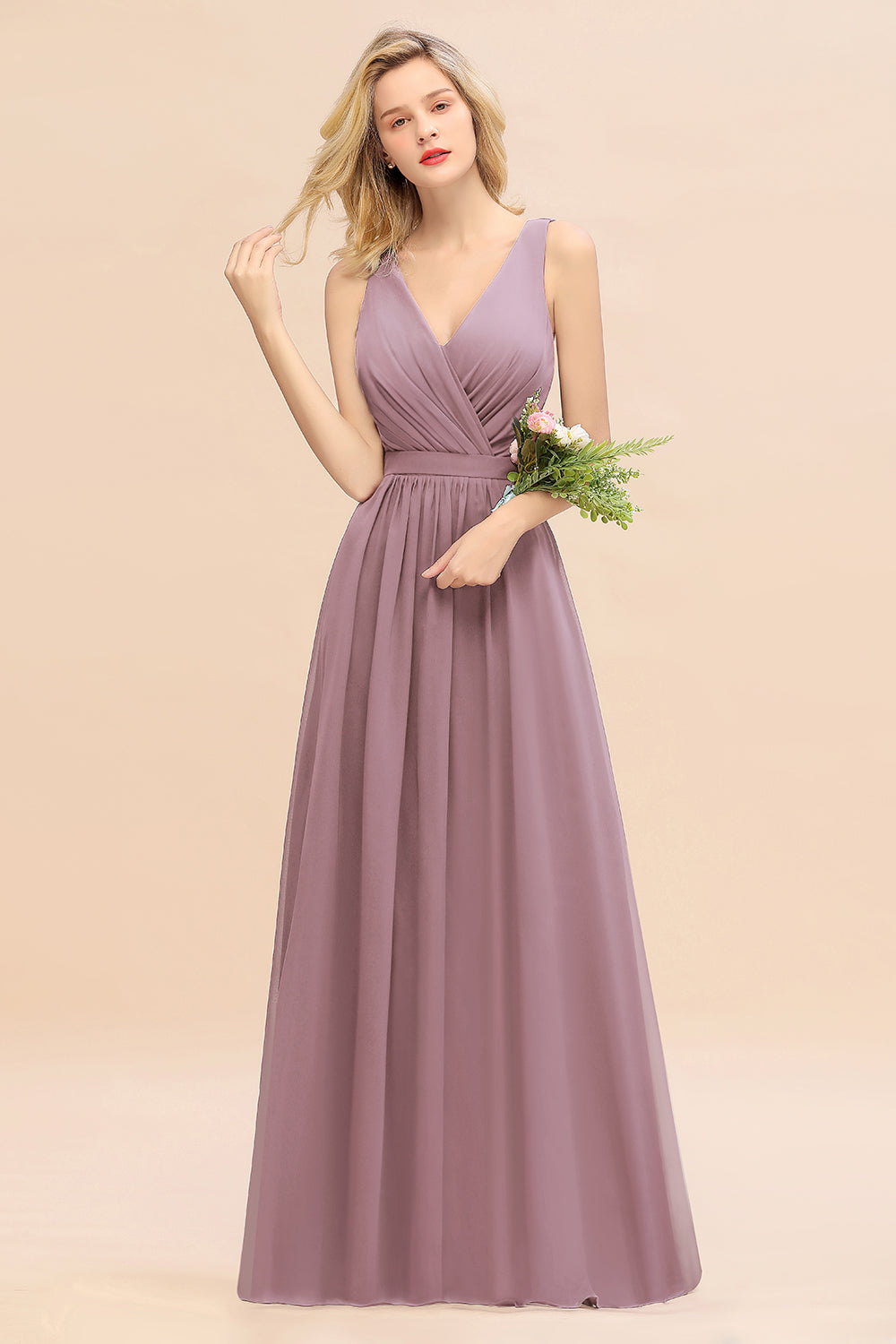 Affordable V-Neck Ruffle Long Grape Chiffon Bridesmaid Dress with Bow-Babyonlines