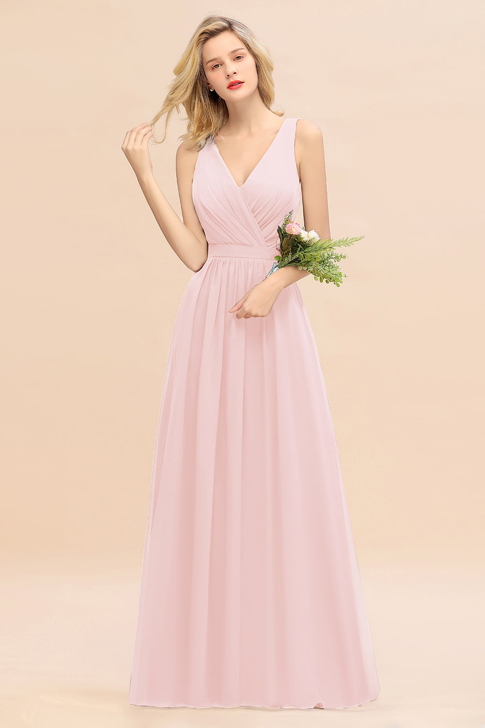 Affordable V-Neck Ruffle Long Grape Chiffon Bridesmaid Dress with Bow-Babyonlines