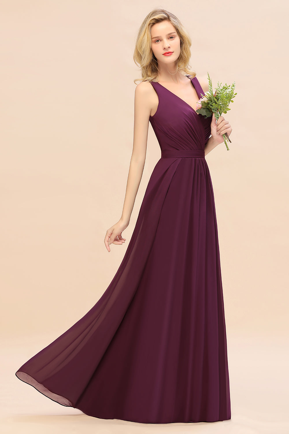 Affordable V-Neck Ruffle Long Grape Chiffon Bridesmaid Dress with Bow-Babyonlines