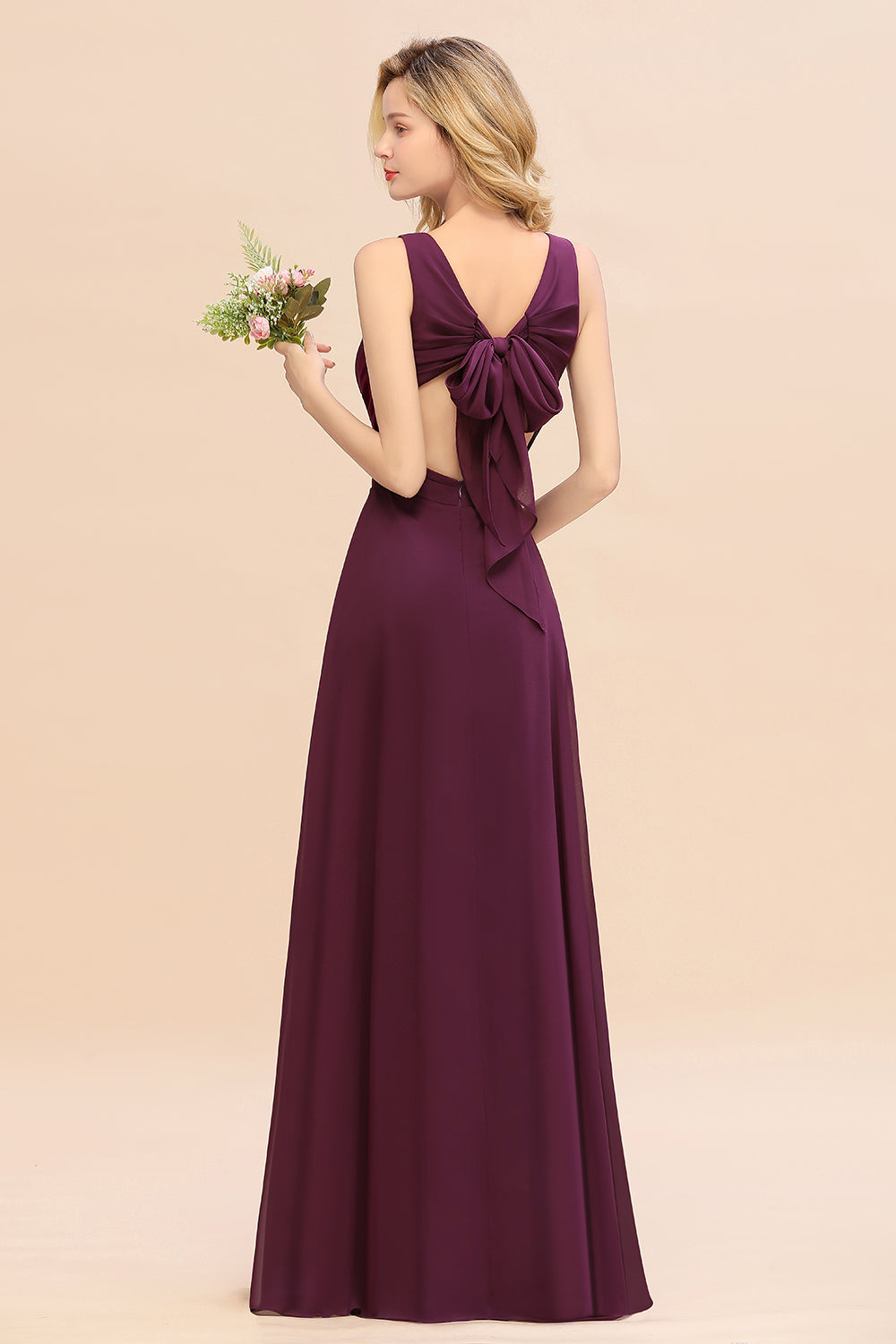 Affordable V-Neck Ruffle Long Grape Chiffon Bridesmaid Dress with Bow-Babyonlines