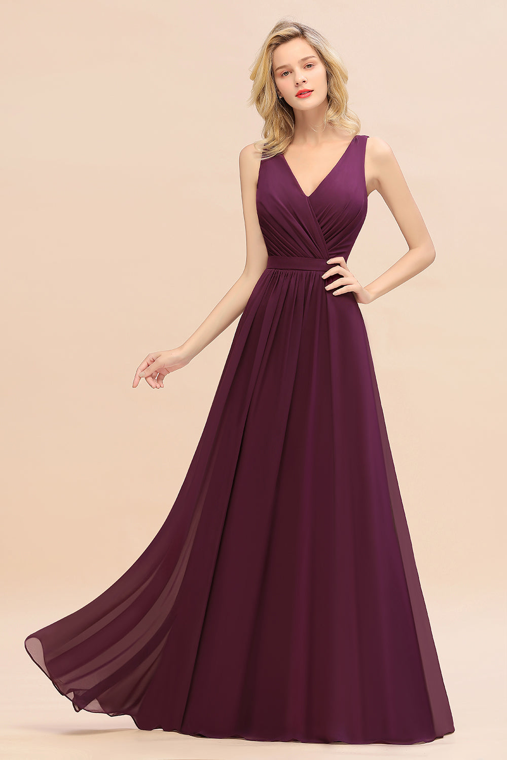 Affordable V-Neck Ruffle Long Grape Chiffon Bridesmaid Dress with Bow-Babyonlines