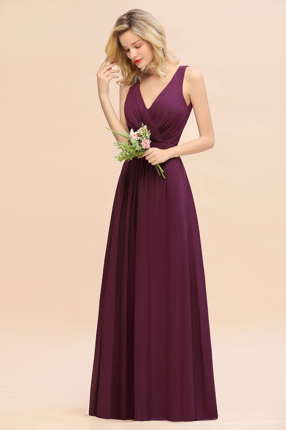 Affordable V-Neck Ruffle Long Grape Chiffon Bridesmaid Dress with Bow-Babyonlines