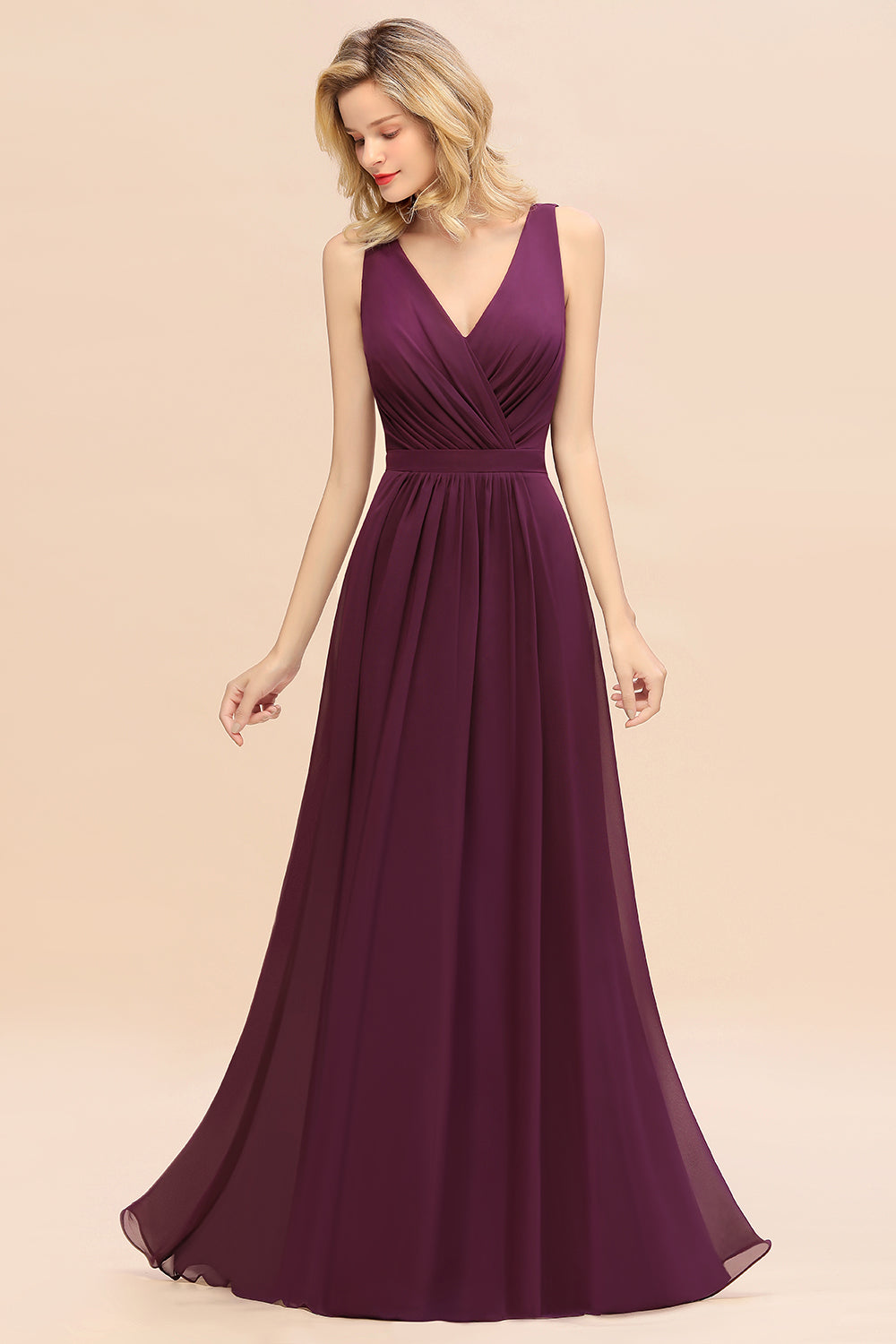 Affordable V-Neck Ruffle Long Grape Chiffon Bridesmaid Dress with Bow-Babyonlines