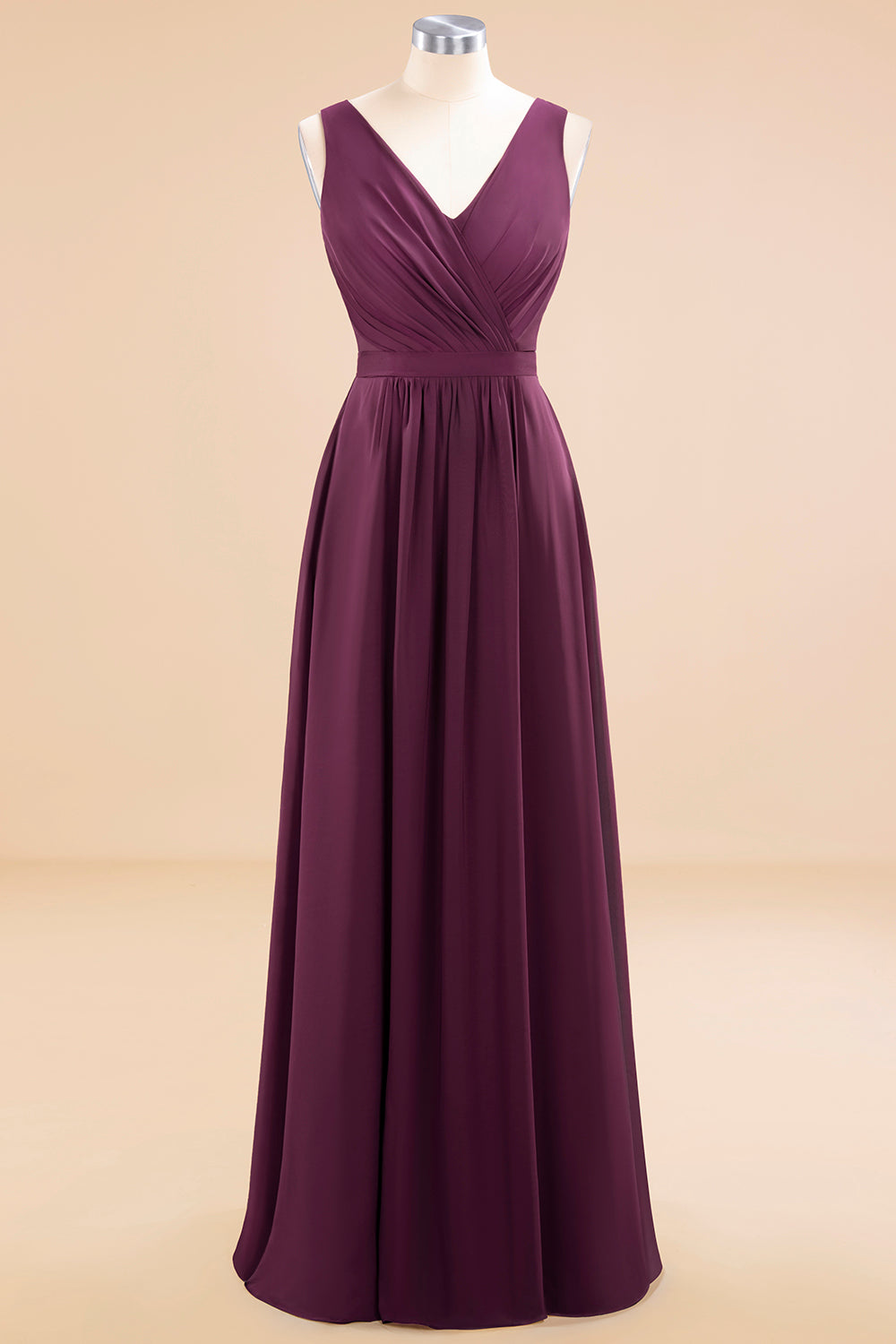 Affordable V-Neck Ruffle Long Grape Chiffon Bridesmaid Dress with Bow-Babyonlines