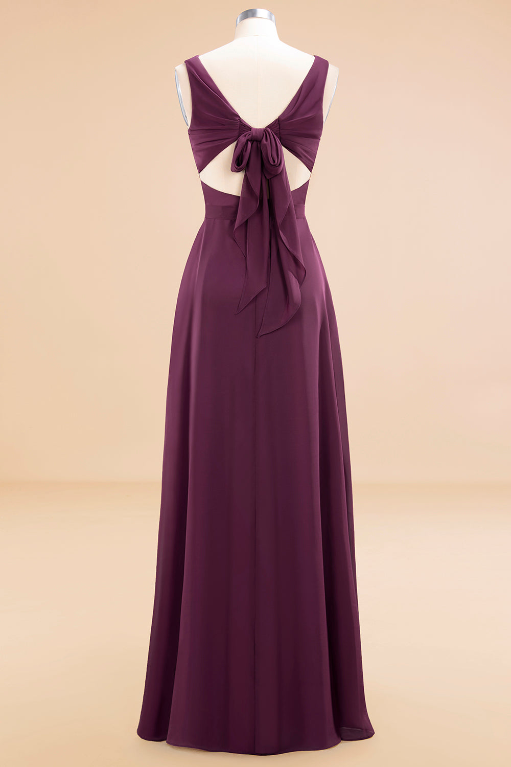 Affordable V-Neck Ruffle Long Grape Chiffon Bridesmaid Dress with Bow-Babyonlines