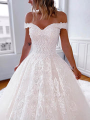 Ball Gown Off-the-shoulder Tulle Court Train Wedding Dress With Beading