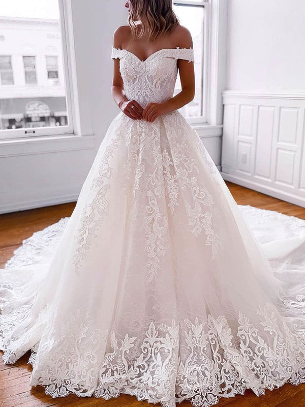 Ball Gown Off-the-shoulder Tulle Court Train Wedding Dress With Beading